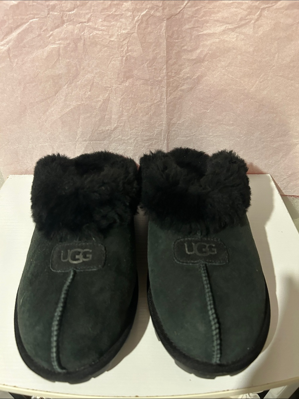 UGG Black Suede Shearling Clog Mules
